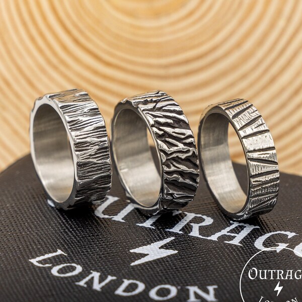 Tiger Scratch Band Ring Tree Bark Stackable Rings Stainless Steel Tree Pattern Ring Nature Animal Plant Band Minimalistic Man Girls Unisex