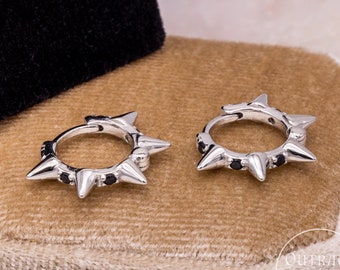 Spike Huggie Hoop Earrings in Sterling Silver, Small Dainty Spike Hoop Earrings with Black Crystals, Geometric Design, Spike Hoops, gifts