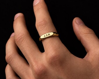 Gold Thin Personalised Signet Ring - Custom Engraved, Stackable Mens, Womans, Unisex ring