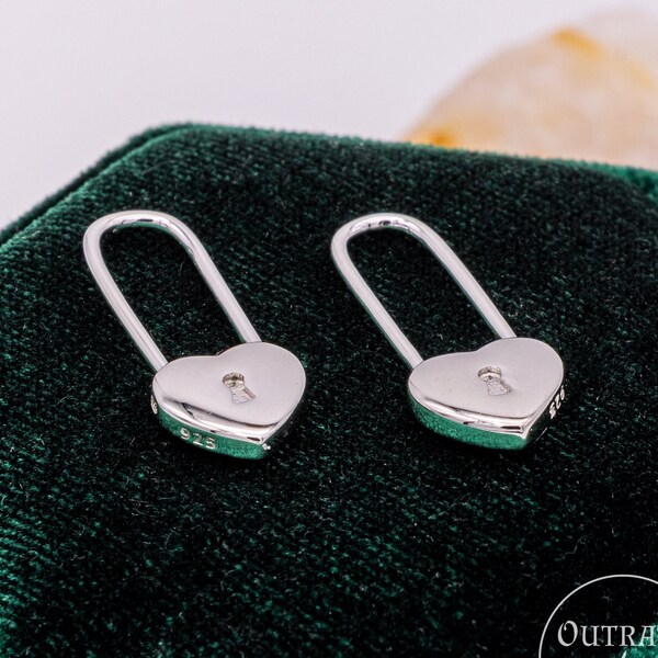 Boucles d’oreilles Padlock Sterling Silver Hoop pour femme, boucles d’oreilles cœur verrouillables, trombone, pendaison, amour, boucles d’oreilles en argent 925 ou en or 18 carats, cadeau, fille