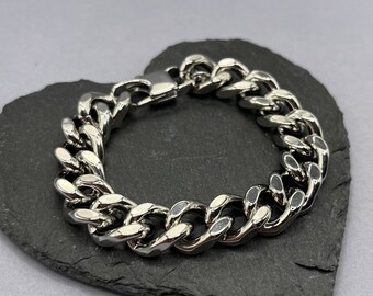 Silver Thick 14mm Chunky Chain Bracelet With Strong Lobster Claw Clasp, Mens Womans Curb Link Bracelet Mans Wrist Accessories By Outrage