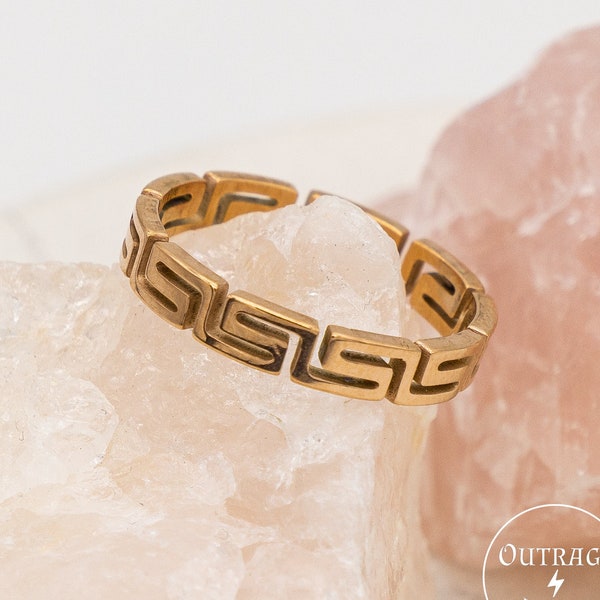 Rose Gold Greek Pattern Band Ring For Woman And Men | Premium Stainless Steel Band Rings | Stackable Rings For Girls | Ancient Greek Pattern