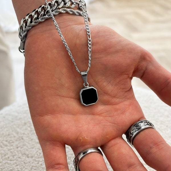 Silver Onyx Necklace Chain Pendants, Mens Necklace Pendants Unisex Black Onyx Jewellery By Outrage London.