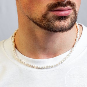 Genuine Handmade Freshwater 18 inch Full Pearl Necklace Chain, Gold Silver Chain Necklaces Slightly Irregular Round Pearls Unisex Mens Woman image 1