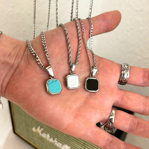 Mens Necklace Square Stone Pendants In Onyx, Moonstone and Turquoise, Mans Chains Necklace in Curb, Rope and Figaro, Minimalistic Jewellery