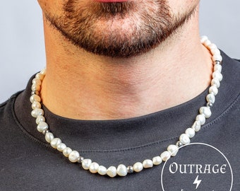 Echte handgefertigte Süßwasser 18-Zoll-Perlenkette, Gold Silber Perlen Halsketten leicht unregelmäßige runde Perlen, Unisex, Herren, Womans