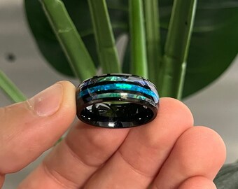 Blue Fire Opal Abalone Shell Black Band Ring, Mens Womans Unisex Stackable Band Ring, Black Mans Rings Jewellery Jewlery By Outrage London