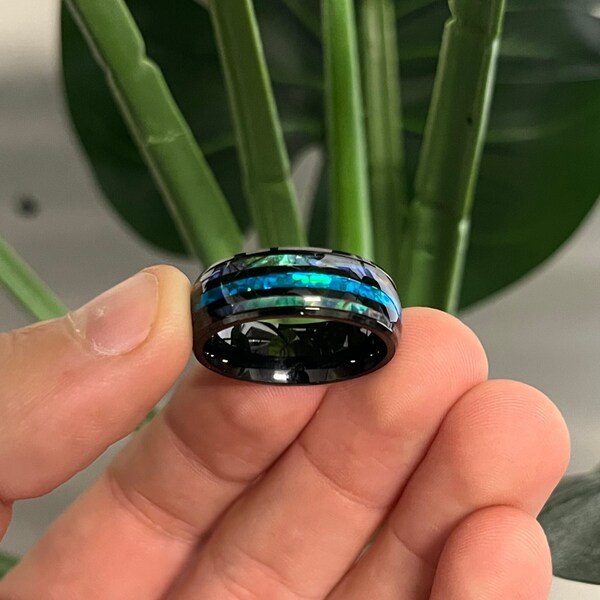 Blue Fire Opal Abalone Shell Black Band Ring, Mens Womans Unisex Stackable Band Ring, Black Mans Rings Jewellery Jewlery By Outrage London