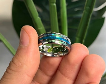Blue Fire Opal Abalone Shell Band Ring, Mens Womans Unisex Stackable Band Ring, Silver Mans Rings Jewellery Jewlery By Outrage London