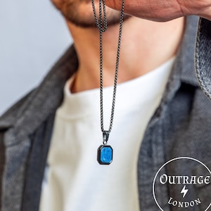 Blue Lapis Lazuli Necklace for Men, Mens Black Onyx Necklace,  Mens Jewelry, Stainless Steel Square Gemstone Pendant Blue Stone. Rope Chain