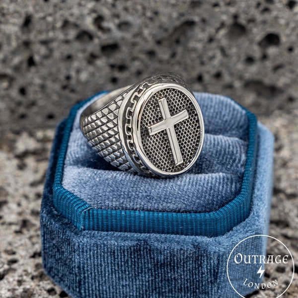 Bague de déclaration empilable Cross Silver Signet | Homme Hommes Femme Chevalière | Bijoux en acier inoxydable haut de gamme Jewlery | Bague Grecque Homme Fille