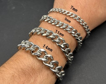 Silver Curb Chunky Thick Bracelets For Mens Woman Unisex, Man Steel Chain Link Bracelet, Silver Bracelets In 7mm, 9mm, 11mm, 14mm By Outrage