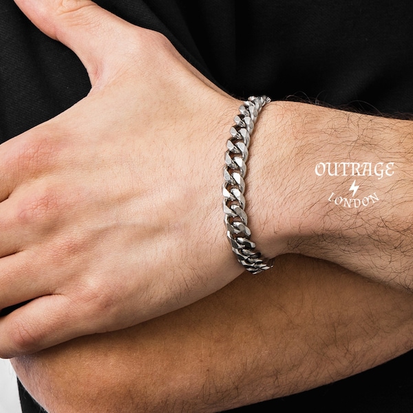 Mens and Womans Silver Curb Bracelet, 9MM Thick Mens Silver Bracelet, Gift Bracelet, Curb Chain, Curb Rope Bracelet, Outrage London.