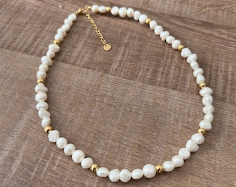 Genuine Handmade Freshwater Pearl Necklace Chain, Gold Silver Beaded Necklaces Slightly Irregular Round Pearls, Unisex, Mens, Womans Gifts