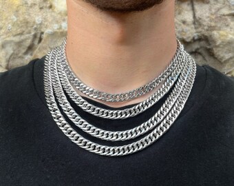 Collier épais épais à bordure plate en argent de 9 mm, chaînes ras de cou pour hommes en acier inoxydable, bijoux de collier pour hommes et femmes