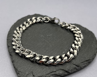 Silver Chunky Mens Bracelet Chain 11mm Curb Link, Chain Bracelet Mens Woman Unisex Chain Jewellery, Jewlery Hiphop Silver Bracelets Gifts