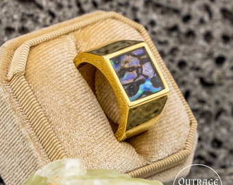 Gold Abalone Signet Ring, Mens ring, Statement Rings, Universe Ring, Shell Ring, Unique Rings, Chunky Rings, Square Rings, Galaxy Ring, gift