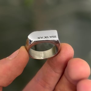 Anillo de sello personalizado de plata para hombre, mujer, unisex, anillos de plata para hombre, iniciales grabadas, números romanos, joyería personalizada de plata