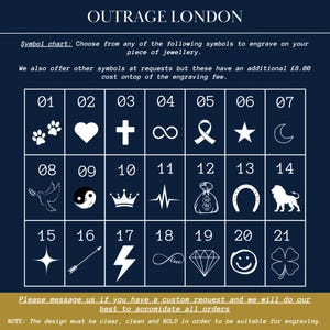 a collection of symbols, including a heart, a cross, a star, a moon, a lion, a bird, a lightning bolt, a bag of money, a crown, a lightning bolt, a four-leaf clover, a diamond, a smiley face, and a four-leaf clover. The symbols are arranged in a grid format, and there is a note that says "Please message us if you have a custom request and we will do our best to accommodate all orders."