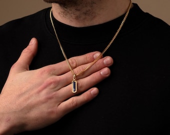 18K Gold Lapis Lazuli Pendant Chain for Men, Personalised Chain Pendants, Engraved Jewellery, Blue Stone, Unisex Jewelry, Rectangle Pendant