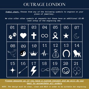 a collection of symbols, including a heart, a cross, a star, a moon, a lion, a bird, a lightning bolt, a bag of money, a crown, a lightning bolt, a four-leaf clover, a diamond, a smiley face, and a four-leaf clover. The symbols are arranged in a grid format, and there is a note that says "Please message us if you have a custom request and we will do our best to accommodate all orders."
