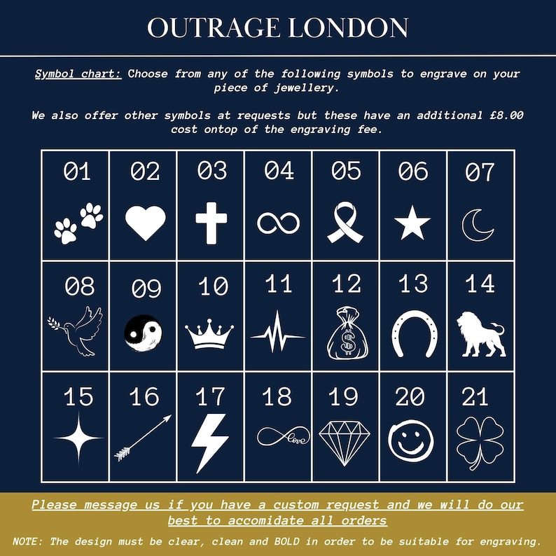 a collection of symbols, including a heart, a cross, a star, a moon, a lion, a bird, a lightning bolt, a bag of money, a crown, a lightning bolt, a four-leaf clover, a diamond, a smiley face, and a four-leaf clover. The symbols are arranged in a grid format, and there is a note that says "Please message us if you have a custom request and we will do our best to accommodate all orders."