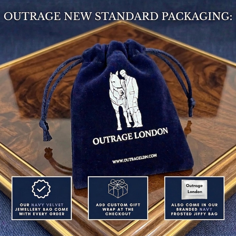 a navy blue velvet pouch with a white illustration of a person and horse, placed on a wooden surface. The pouch is labeled "OUTRAGE LONDON" and has a website listed below it. The image also includes text that provides information about the product, such as "OUR NAVY VELVE JEWELLERY COMES WITH EVERY ORDER", "ADD CUSTOM GIFT WEAR AS THE CHECKOUT", and "ALSO COME IN OUR FROSTED JIFTY BAG".