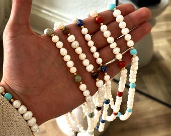 Real Freshwater Pearl Necklace with Stone, Genuine Freshwater Pearl Chain Necklace, Mens Chains, Summer Accessories, Personalised Chains