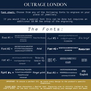 The image is a collection of various fonts and their corresponding sizes, which can be used for engraving on a piece of jewelry. The fonts include A, B, C, D, E, F, G, H, I, J, K, L, M, N, O, P, Q, R, S, T, U, V, W, X, Y, Z, and some others. The font chart provides a visual guide for choosing the appropriate font size based on the desired piece of jewelry.