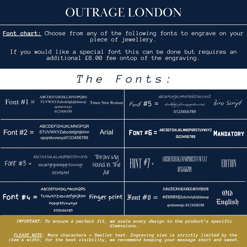 The image is a collection of various fonts and their corresponding sizes, which can be used for engraving on a piece of jewelry. The fonts include A, B, C, D, E, F, G, H, I, J, K, L, M, N, O, P, Q, R, S, T, U, V, W, X, Y, Z, and some others. The font chart provides a visual guide for choosing the appropriate font size based on the desired piece of jewelry.