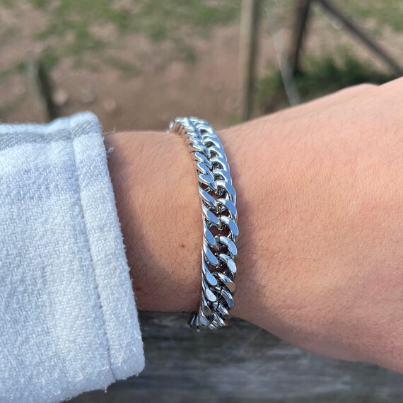 Silver 9mm Mens Bracelet Flat Curb Chain Silver Bracelets Man