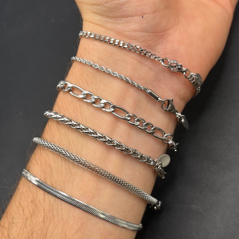 Silver Mens Bracelet Curb Chain Figaro Chain Rope Chain Byzantine Chain Foxtail Bracelet Snake Bracelet Mens Chain Bracelets image 5