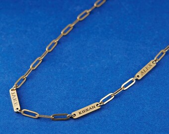 Gold Engraved Bar Necklace for Men and Women, Custom Name Necklace, Custom Paperclip Chain, Everyday Link Chain, Layering Chain, Minimalist