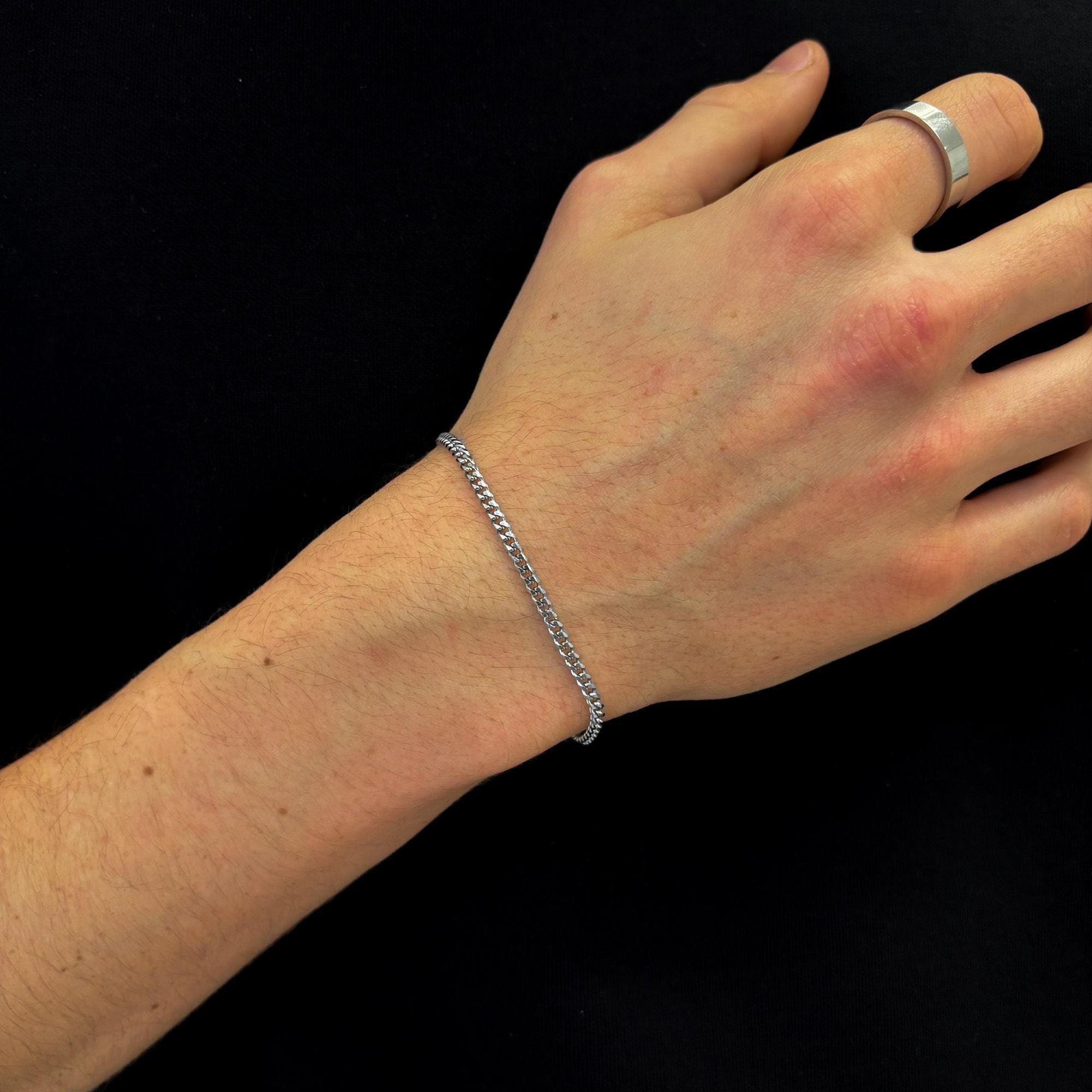 Mens Thin 3MM Silver Curb Chain Link Bracelet, Silver Mens