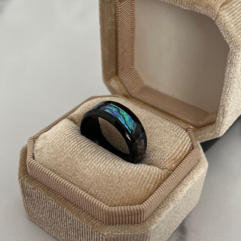 Zwarte abalone bandring Grieks patroon Bandring Heren en damesringen Roestvrij stalen ring sieraden Unisex ring heren dames sieraden afbeelding 4