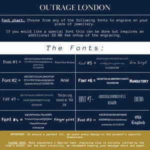 The image is a collection of various fonts and their corresponding sizes, which can be used for engraving on a piece of jewelry. The fonts include A, B, C, D, E, F, G, H, I, J, K, L, M, N, O, P, Q, R, S, T, U, V, W, X, Y, Z, and some others. The font chart provides a visual guide for choosing the appropriate font size based on the desired piece of jewelry.