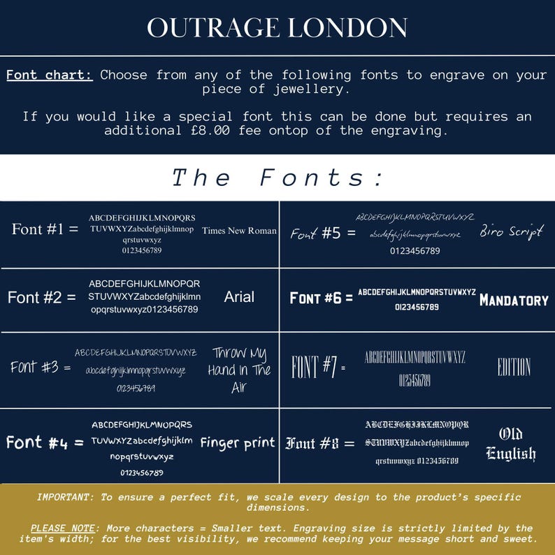 The image is a collection of various fonts and their corresponding sizes, which can be used for engraving on a piece of jewelry. The fonts include A, B, C, D, E, F, G, H, I, J, K, L, M, N, O, P, Q, R, S, T, U, V, W, X, Y, Z, and some others. The font chart provides a visual guide for choosing the appropriate font size based on the desired piece of jewelry.