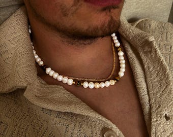 Genuine 6mm Tiger Eye Stone Freshwater Pearl Necklace  Chain For Men And Woman, Customisable Pearl Chain Necklace, Unique Designs