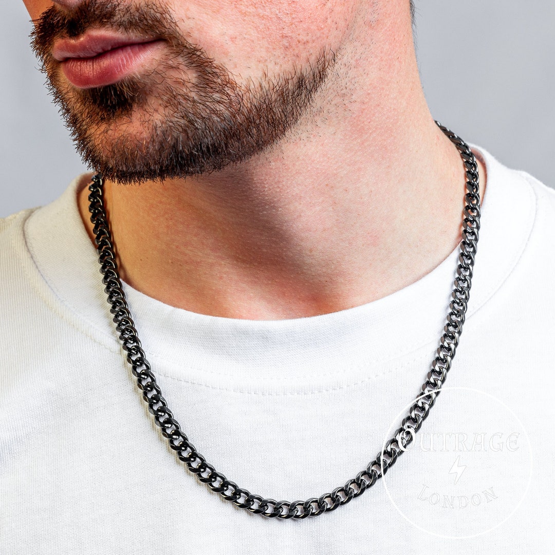 9mm 22 Inch Black Chain Necklace, Mens Thick Black Curb Chain, Mens Black Chain Necklaces