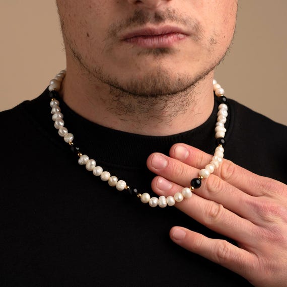 Handmade Onyx Black Pearl Necklace Chain for Men and Women