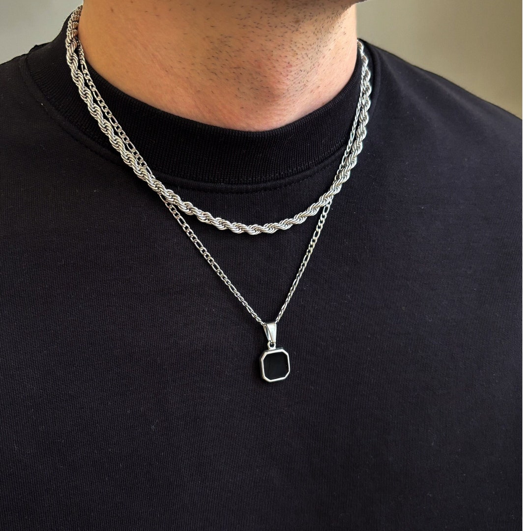 Mens Silver Black Onyx Pendant Necklace, Silver Mans