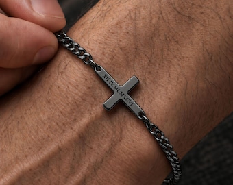 Personalised Black Cross Bracelet, Mens, Womans, Unisex Engraved Bracelets