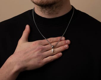 Cross Pendant Necklace: Small, Custom Engraved - Silver Chain