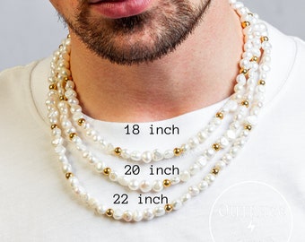 Genuine Handmade Freshwater Pearl Necklace Chain, Gold Silver Beaded Necklaces Slightly Irregular Round Pearls, Unisex, Mens, Womans Gifts