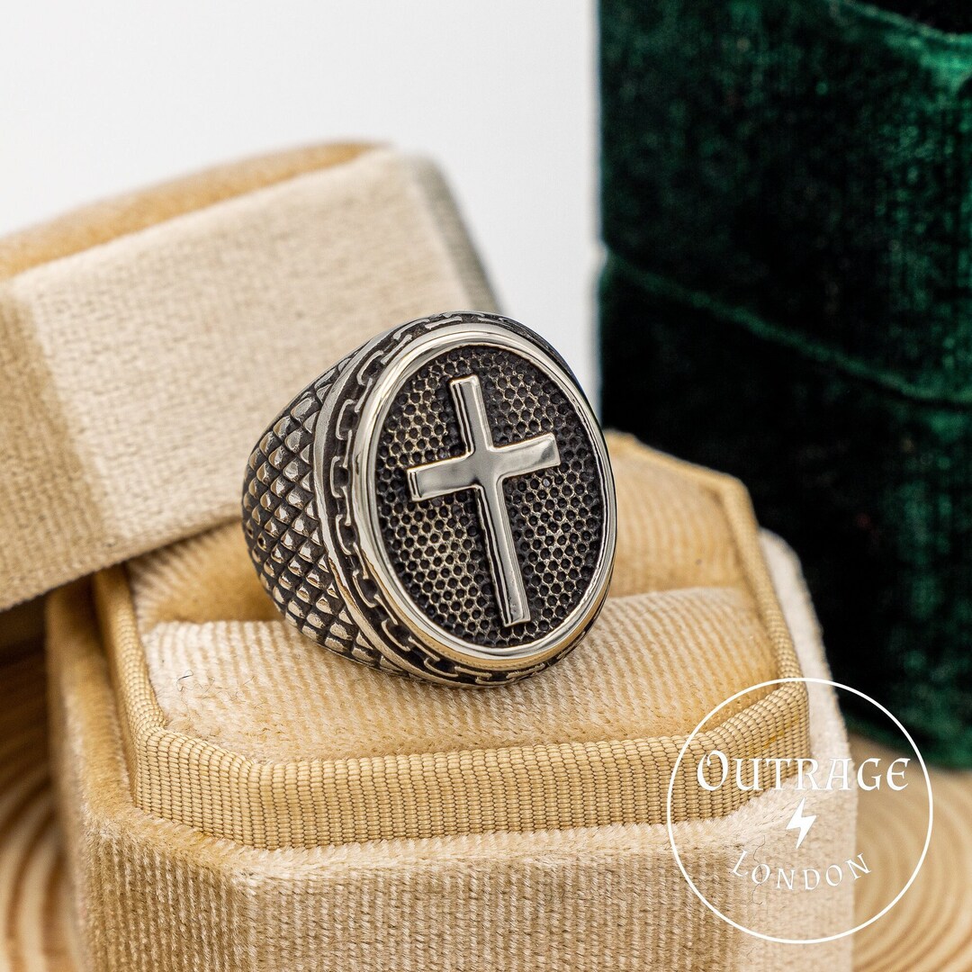 Cross Religious Ring, Hammered Anchor Mens Jewellery, Statement