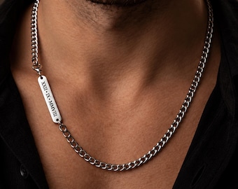 Personalised Mens Silver Curb Chain Necklace, Custom Engraved Bar
