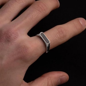 Engrave Black Onyx Stone Signet Ring, Mens Personalised Rings, Silver Signet Ring, Rectangle Signet Ring, Mens Jewellery, Custom Gifts Men