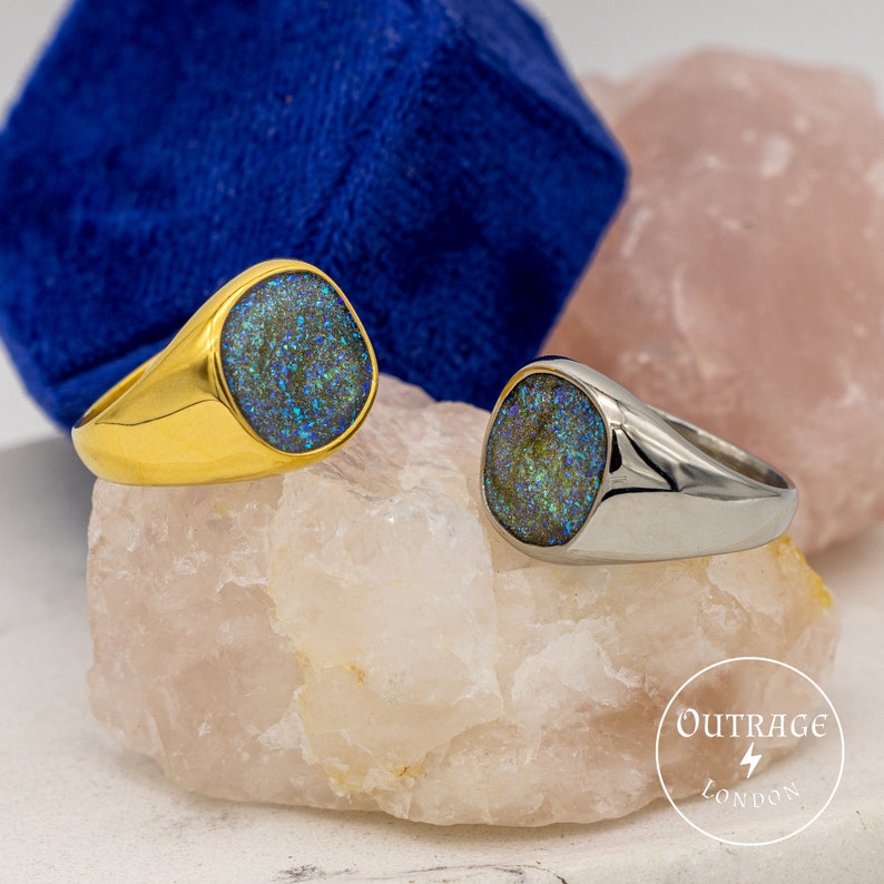 Light Blue Opal Inlay Mens Ring in Silver and Gold Etsy UK