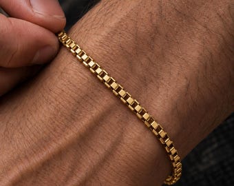 Men's 3mm Gold Square Box Bracelet, Personalised Geometric Box Chain Bracelet, Minimal Men's Jewellery,  Gift for Him