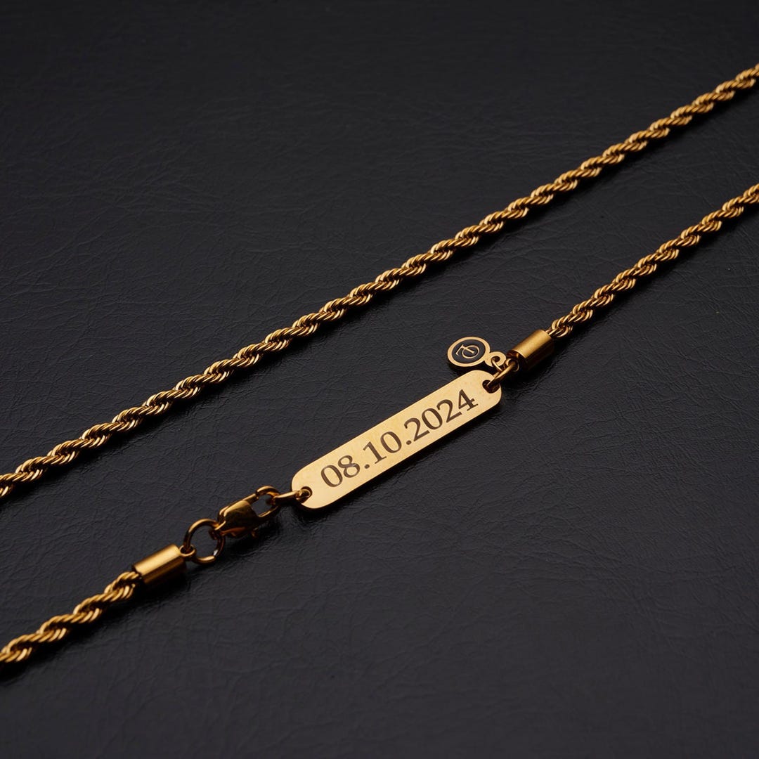 Personalized 18K Gold 3MM Rope Chain, Engraved Necklace, Thin ...